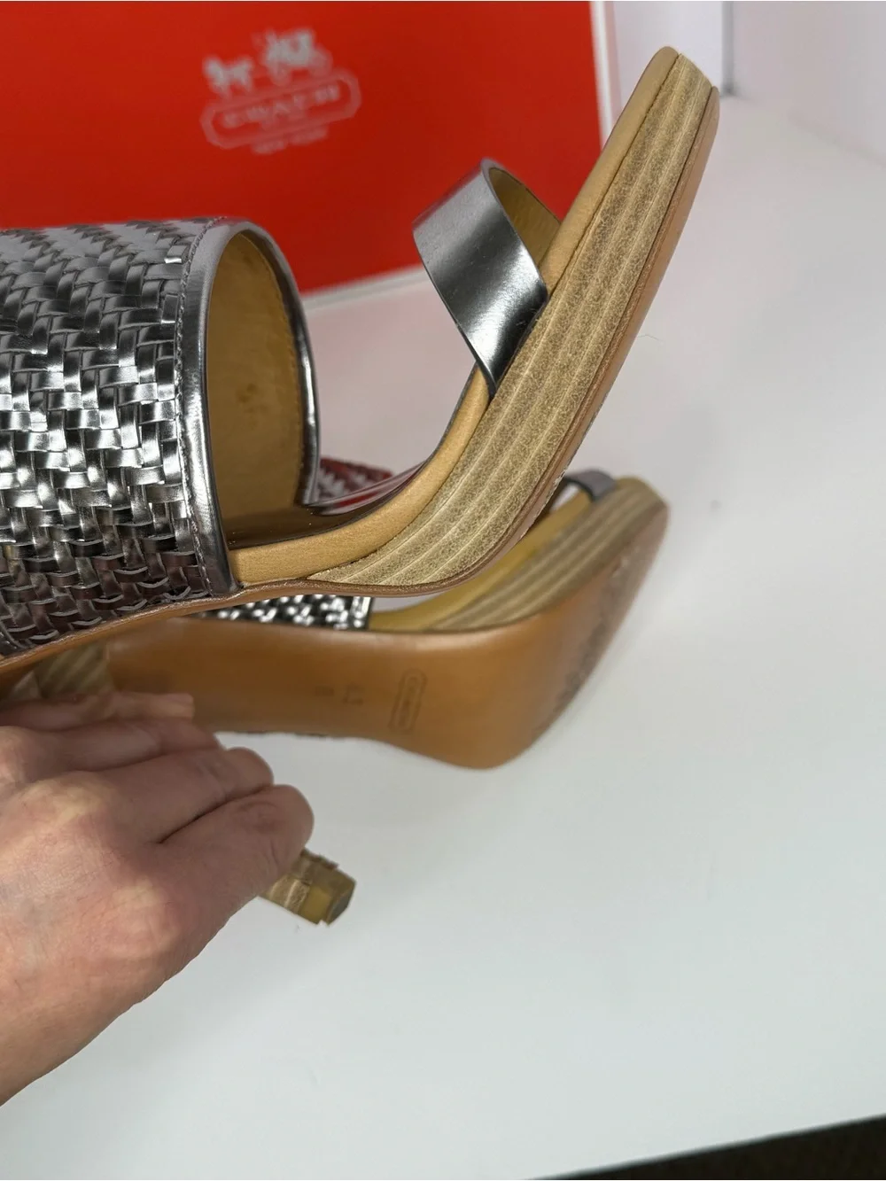 Coach Metallic Gray Woven Leather High Heel Sandals